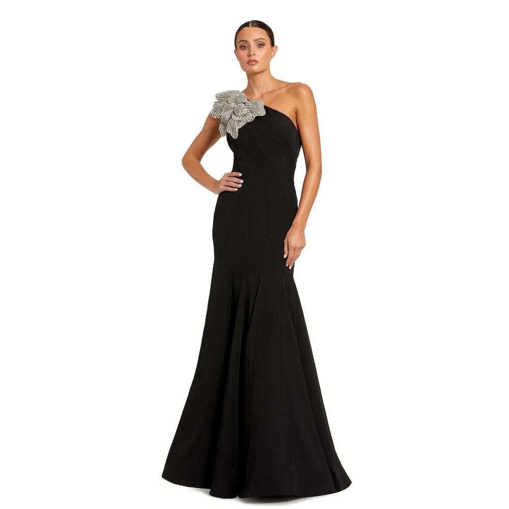 Mac Duggal, Black Crepe One Shoulder Gown with Crystal Flower